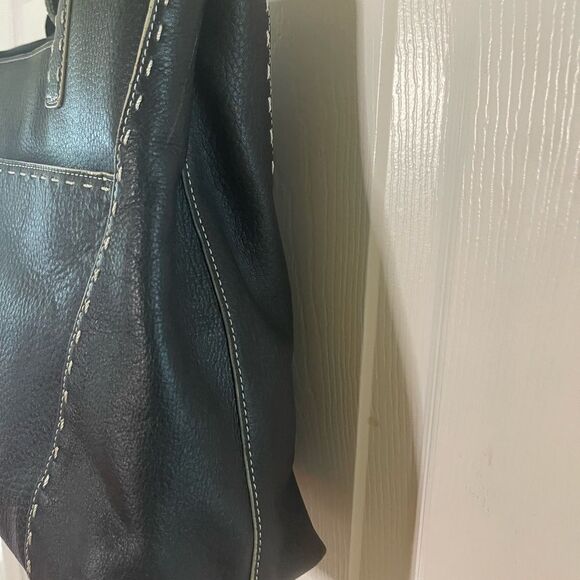 Franklin Covey Black Genuine Leather beige stitch shoulder bag tassel accent - Picture 5 of 13